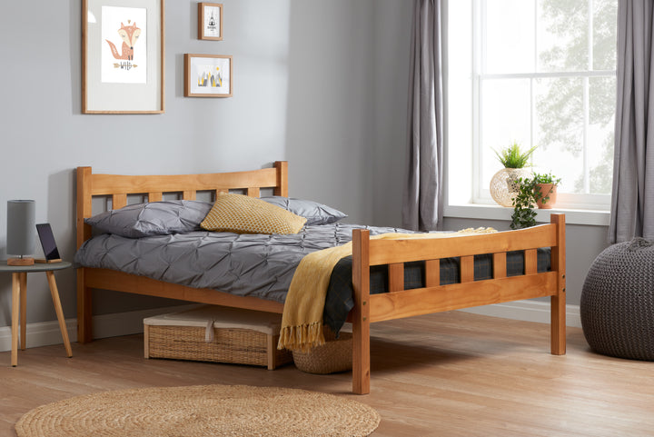 Elegant Pine Bed with Solid Slatted Base for Enhanced Stability