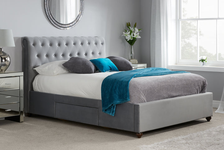 Elegant Grey Velvet Storage Bed Frame with Deep Tufted Headboard