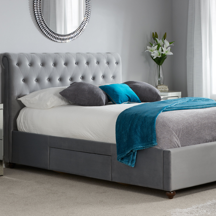 Elegant Grey Velvet Storage Bed Frame with Deep Tufted Headboard