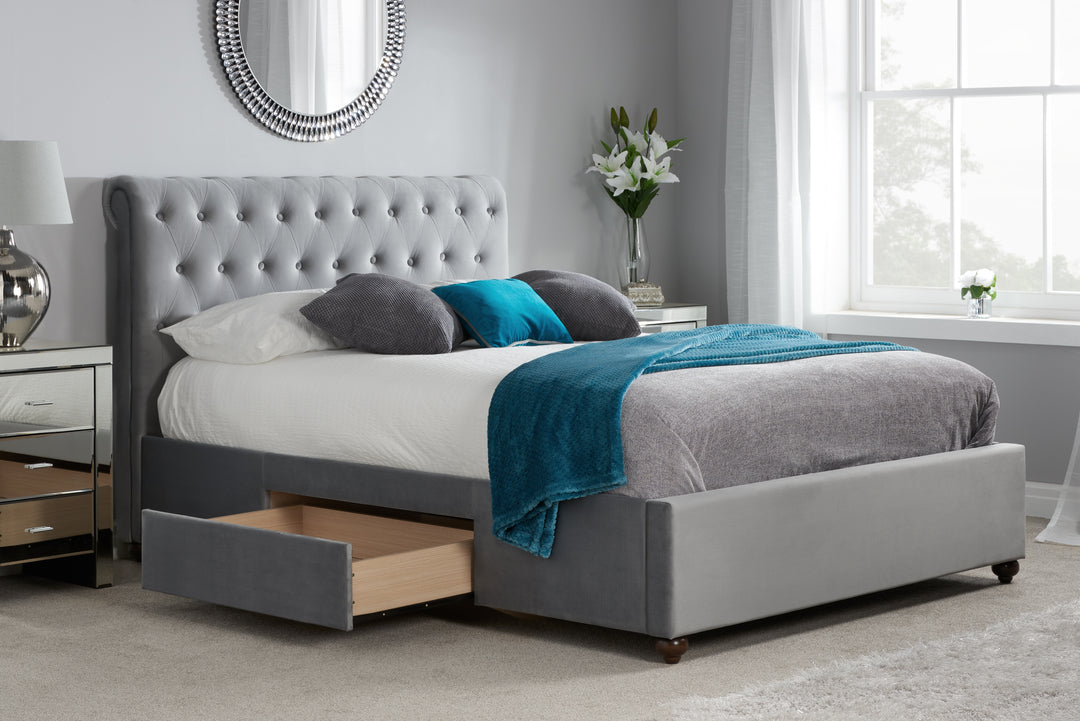 Elegant Grey Velvet Storage Bed Frame with Deep Tufted Headboard