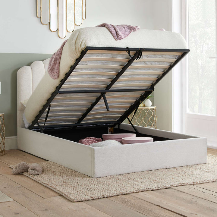 Monaco Ottoman Bed with Super Soft Teddy Bear Fabric and Stylish Fan-Shaped Headboard