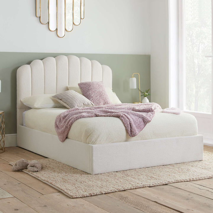 Monaco Ottoman Bed with Super Soft Teddy Bear Fabric and Stylish Fan-Shaped Headboard