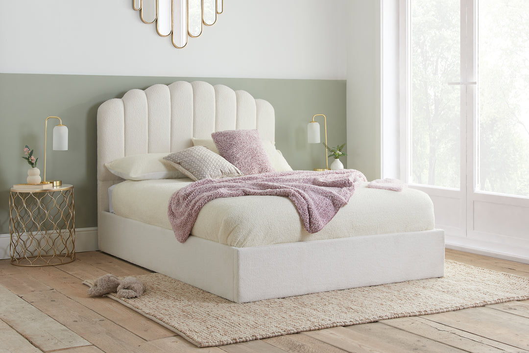 Monaco Ottoman Bed with Super Soft Teddy Bear Fabric and Stylish Fan-Shaped Headboard