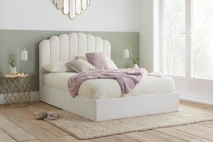 Monaco Ottoman Bed with Super Soft Teddy Bear Fabric and Stylish Fan-Shaped Headboard