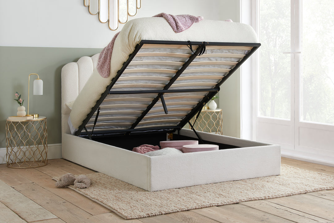 Monaco Ottoman Bed with Super Soft Teddy Bear Fabric and Stylish Fan-Shaped Headboard
