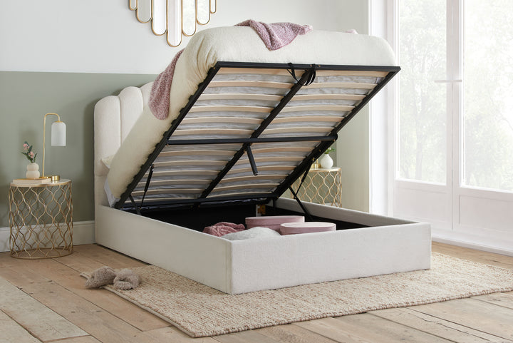 Monaco Ottoman Bed with Super Soft Teddy Bear Fabric and Stylish Fan-Shaped Headboard