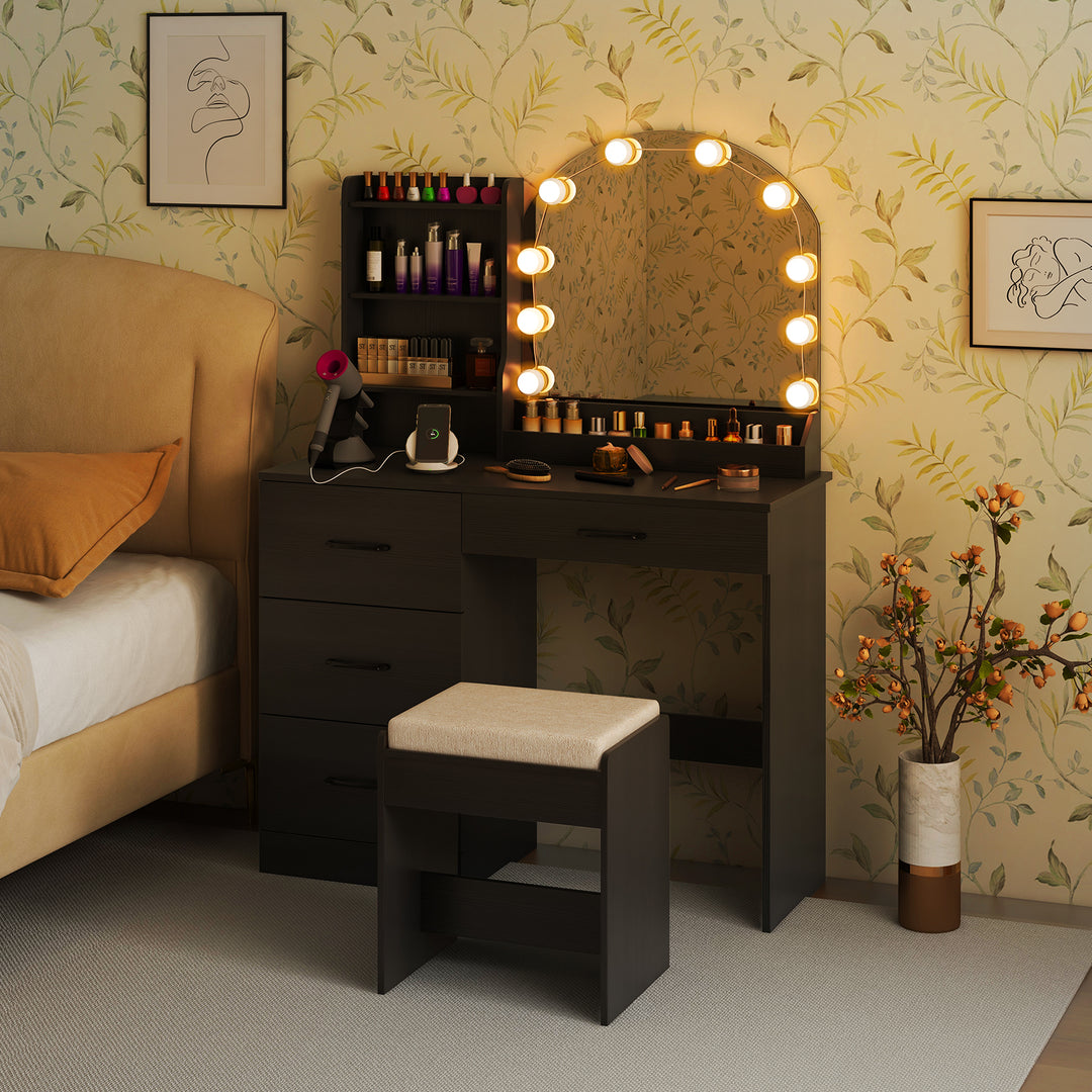 Makeup Vanity Desk with Mirror and Lights Dressing Table and Stool Set - TidySpaces