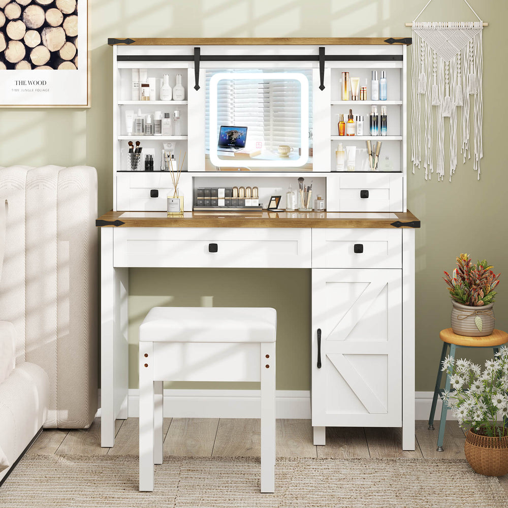Makeup Vanity Desk and Stool Set with Sliding Mirror and Cabinet-White - TidySpaces