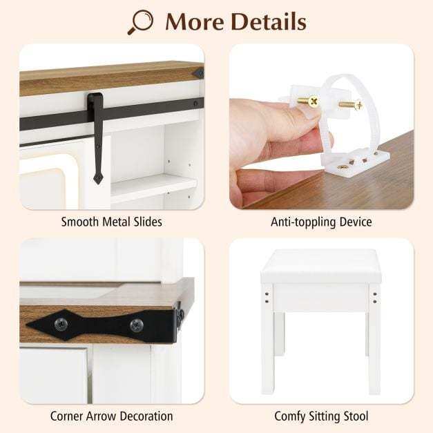 Makeup Vanity Desk and Stool Set with Sliding Mirror and Cabinet-White