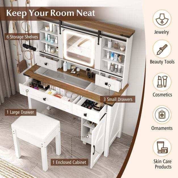 Makeup Vanity Desk and Stool Set with Sliding Mirror and Cabinet-White