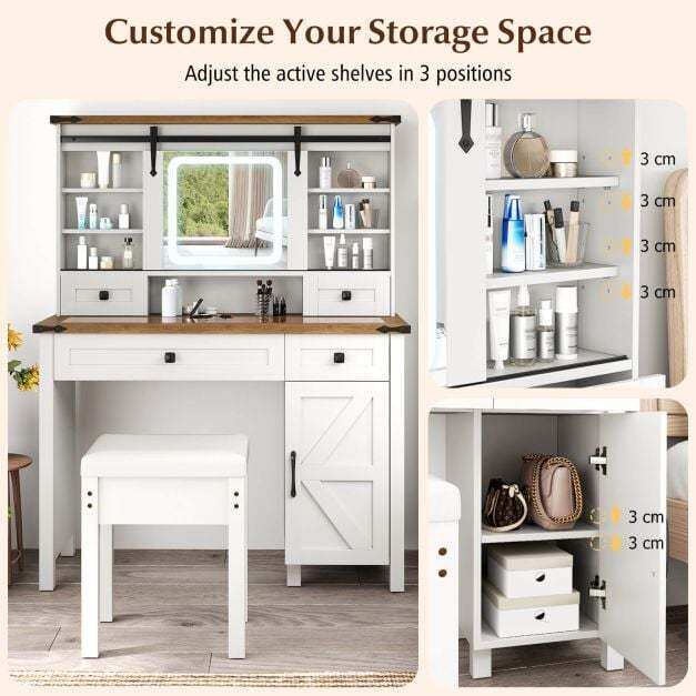 Makeup Vanity Desk and Stool Set with Sliding Mirror and Cabinet-White