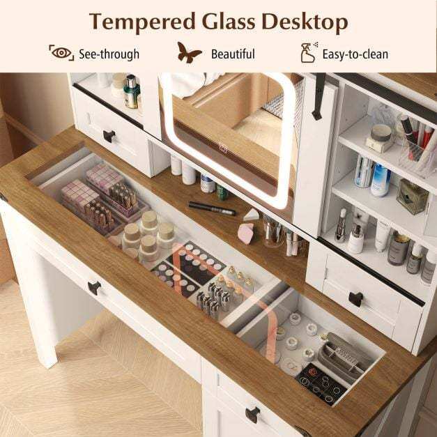 Makeup Vanity Desk and Stool Set with Sliding Mirror and Cabinet-White