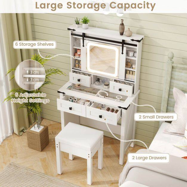 Makeup Vanity Desk and Stool Set with Mirror and Lights-White