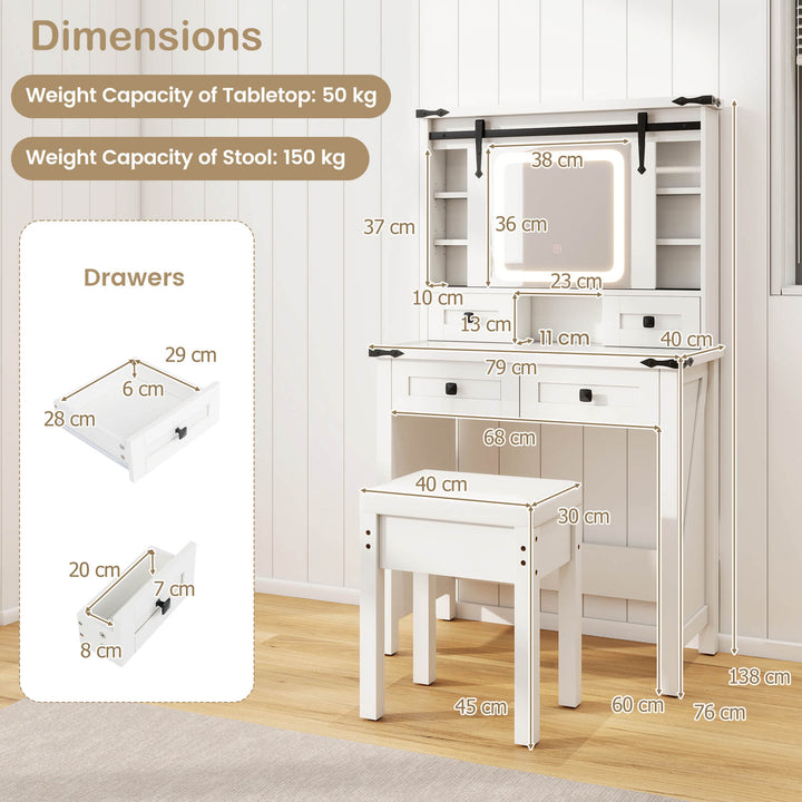 Makeup Vanity Desk and Stool Set with Mirror and Lights-White - TidySpaces