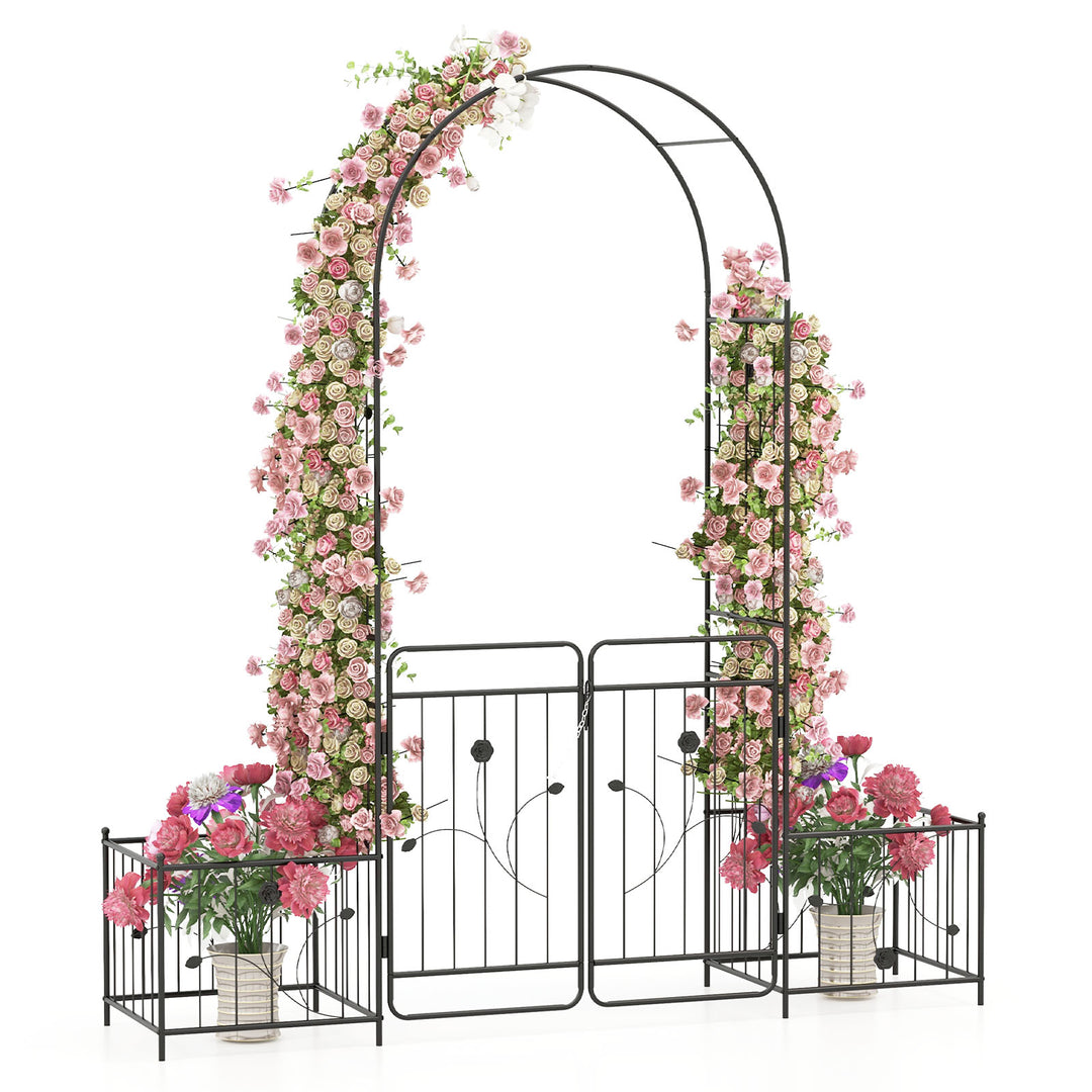 220cm Garden Arbor Metal Arch Trellis Lockable Gate with Side Planters ...