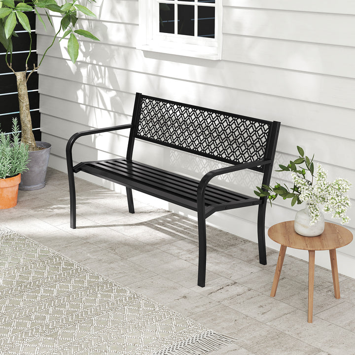 Metal Outdoor Garden Patio Bench with Geometric Lattice Backrest
