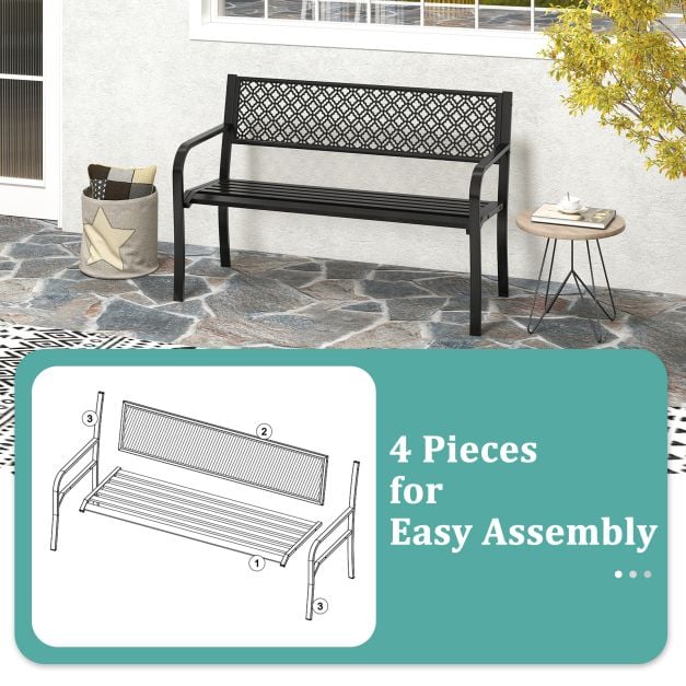 Metal Outdoor Garden Patio Bench with Geometric Lattice Backrest