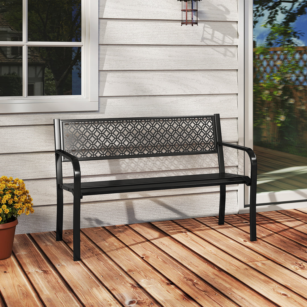 Metal Outdoor Garden Patio Bench with Geometric Lattice Backrest