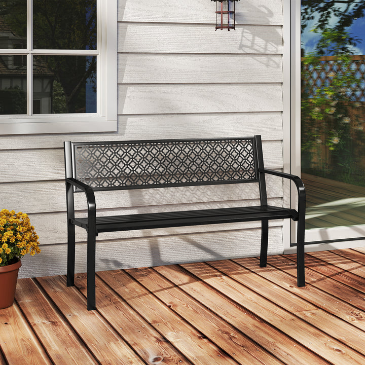 Metal Outdoor Garden Patio Bench with Geometric Lattice Backrest