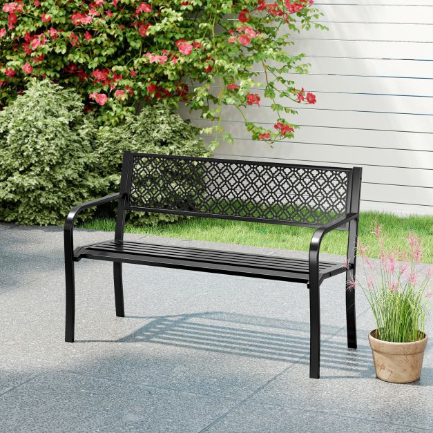 Metal Outdoor Garden Patio Bench with Geometric Lattice Backrest