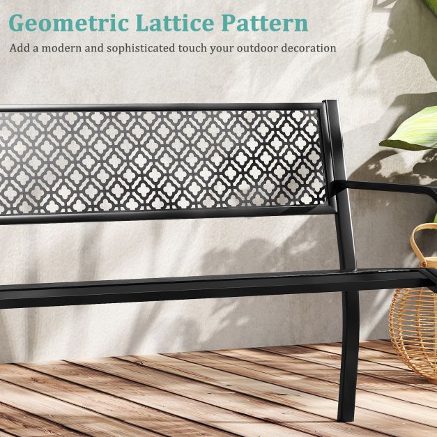 Metal Outdoor Garden Patio Bench with Geometric Lattice Backrest