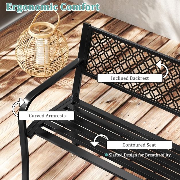 Metal Outdoor Garden Patio Bench with Geometric Lattice Backrest