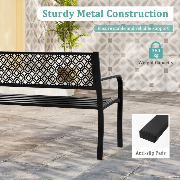 Metal Outdoor Garden Patio Bench with Geometric Lattice Backrest