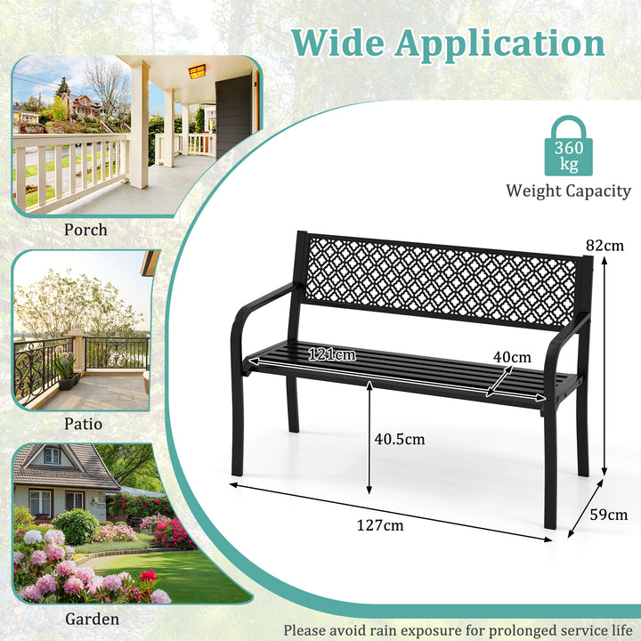 Metal Outdoor Garden Patio Bench with Geometric Lattice Backrest