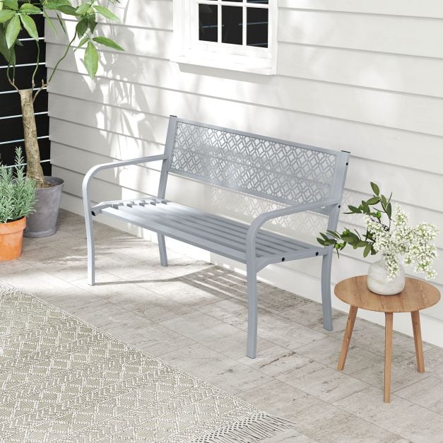 Metal Outdoor Garden Patio Bench with Geometric Lattice Backrest