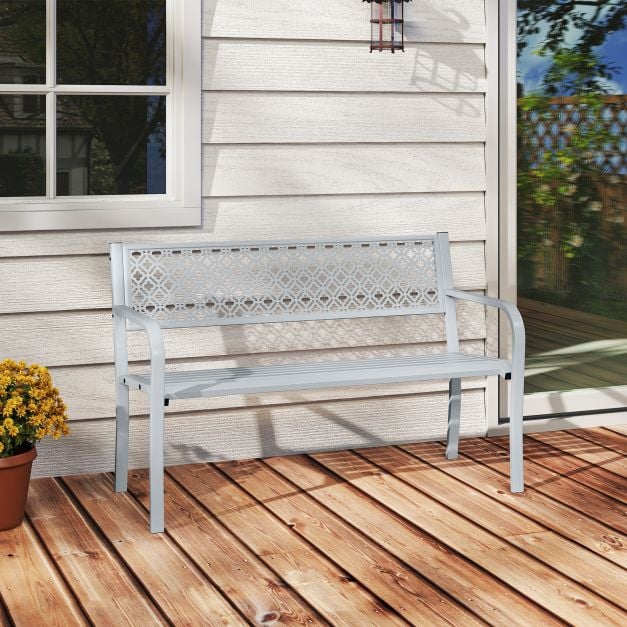 Metal Outdoor Garden Patio Bench with Geometric Lattice Backrest