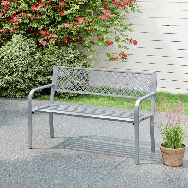 Metal Outdoor Garden Patio Bench with Geometric Lattice Backrest