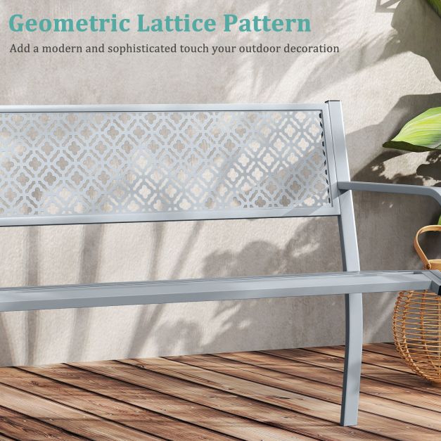 Metal Outdoor Garden Patio Bench with Geometric Lattice Backrest
