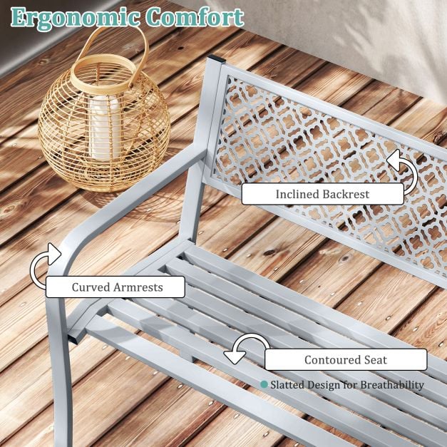 Metal Outdoor Garden Patio Bench with Geometric Lattice Backrest