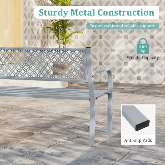 Metal Outdoor Garden Patio Bench with Geometric Lattice Backrest