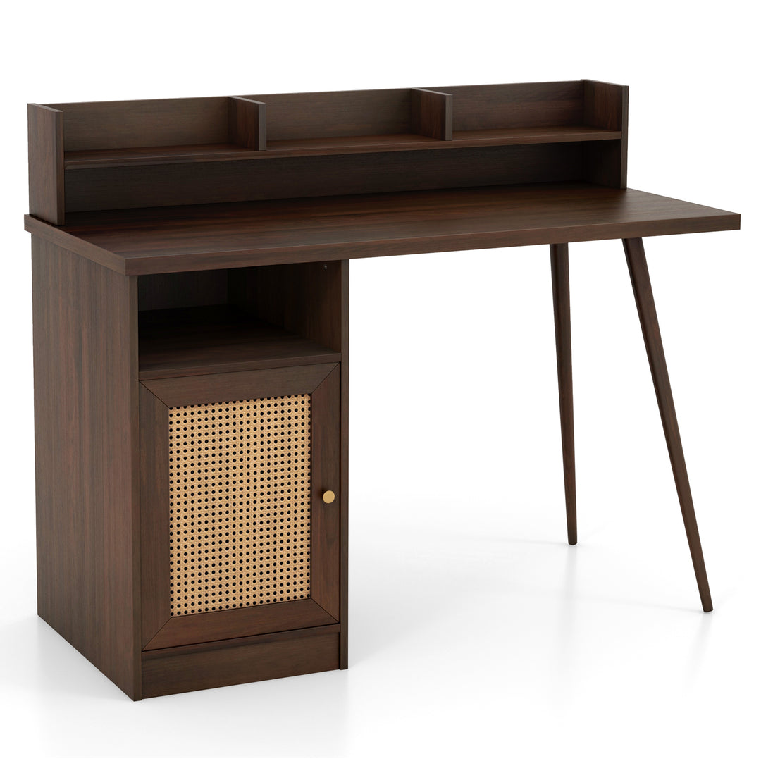 Mid Century Computer Desk with Hutch, PE Rattan Cabinet and Shelves - TidySpaces