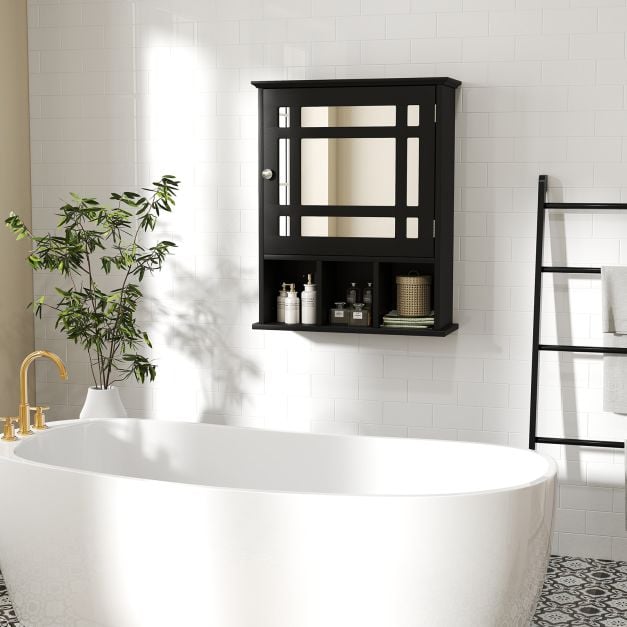 Mirror Door Cabinet with Adjustable Shelf and 3 Compartments-Black