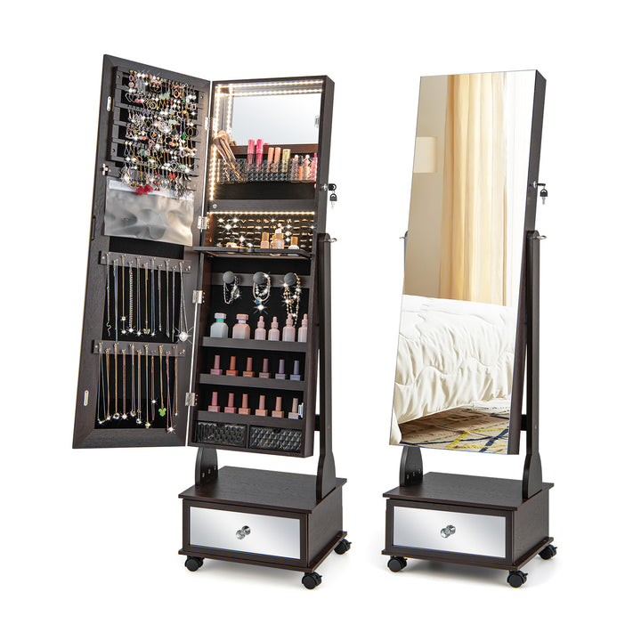 Standing Jewelry Armoire with Full Length Mirror LED Lights and Drawers Brown - TidySpaces