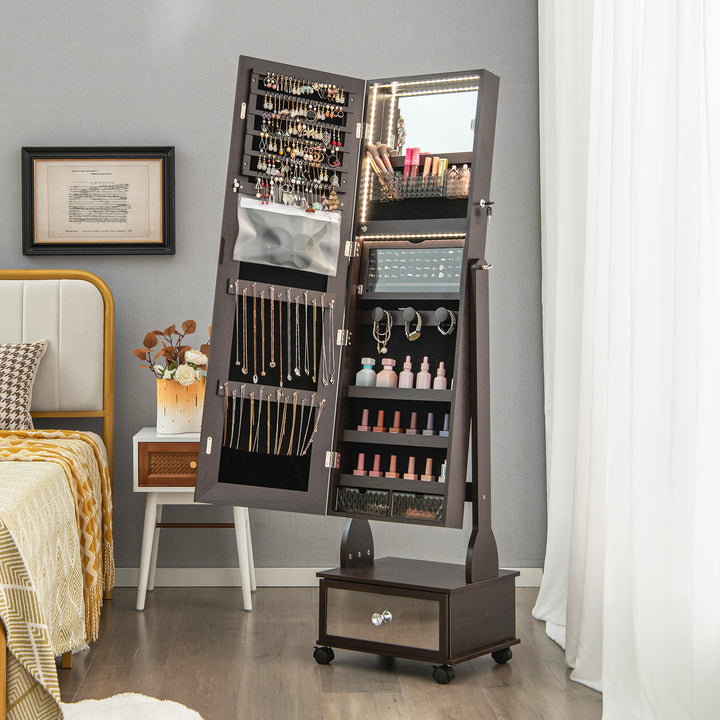 Standing Jewelry Armoire with Full Length Mirror LED Lights and Drawers - TidySpaces