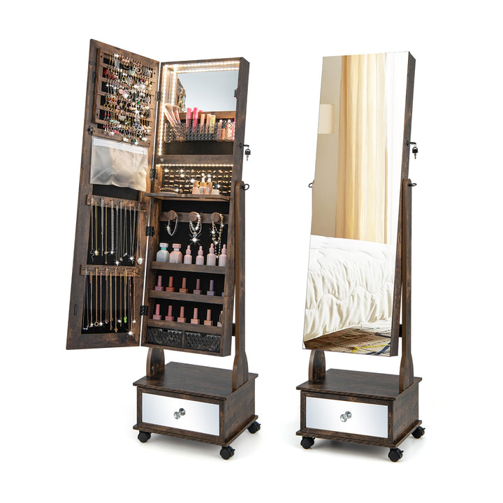 Standing Jewelry Armoire with Full Length Mirror LED Lights and Drawers Coffee - TidySpaces