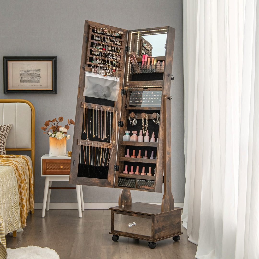 Standing Jewelry Armoire with Full Length Mirror LED Lights and Drawers - TidySpaces