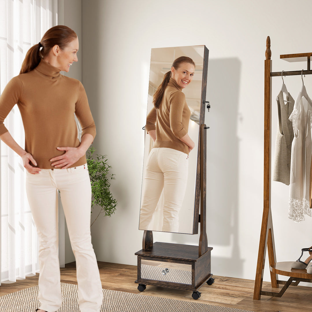 Standing Jewelry Armoire with Full Length Mirror LED Lights and Drawers - TidySpaces