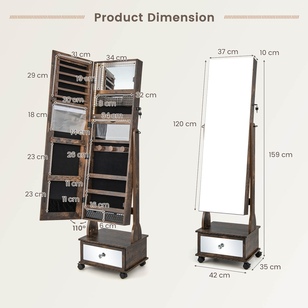 Standing Jewelry Armoire with Full Length Mirror LED Lights and Drawers - TidySpaces