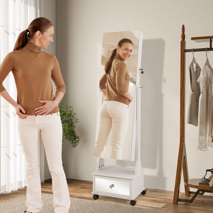 Standing Jewelry Armoire with Full Length Mirror LED Lights and Drawers - TidySpaces
