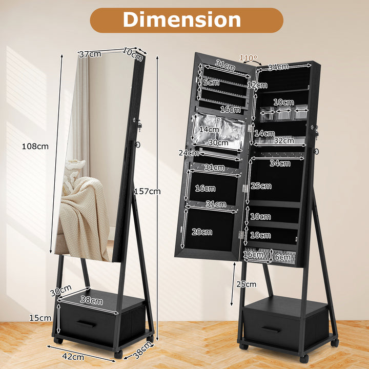 Mobile Standing Lockable Jewellery Cabinet with Full Length Mirror