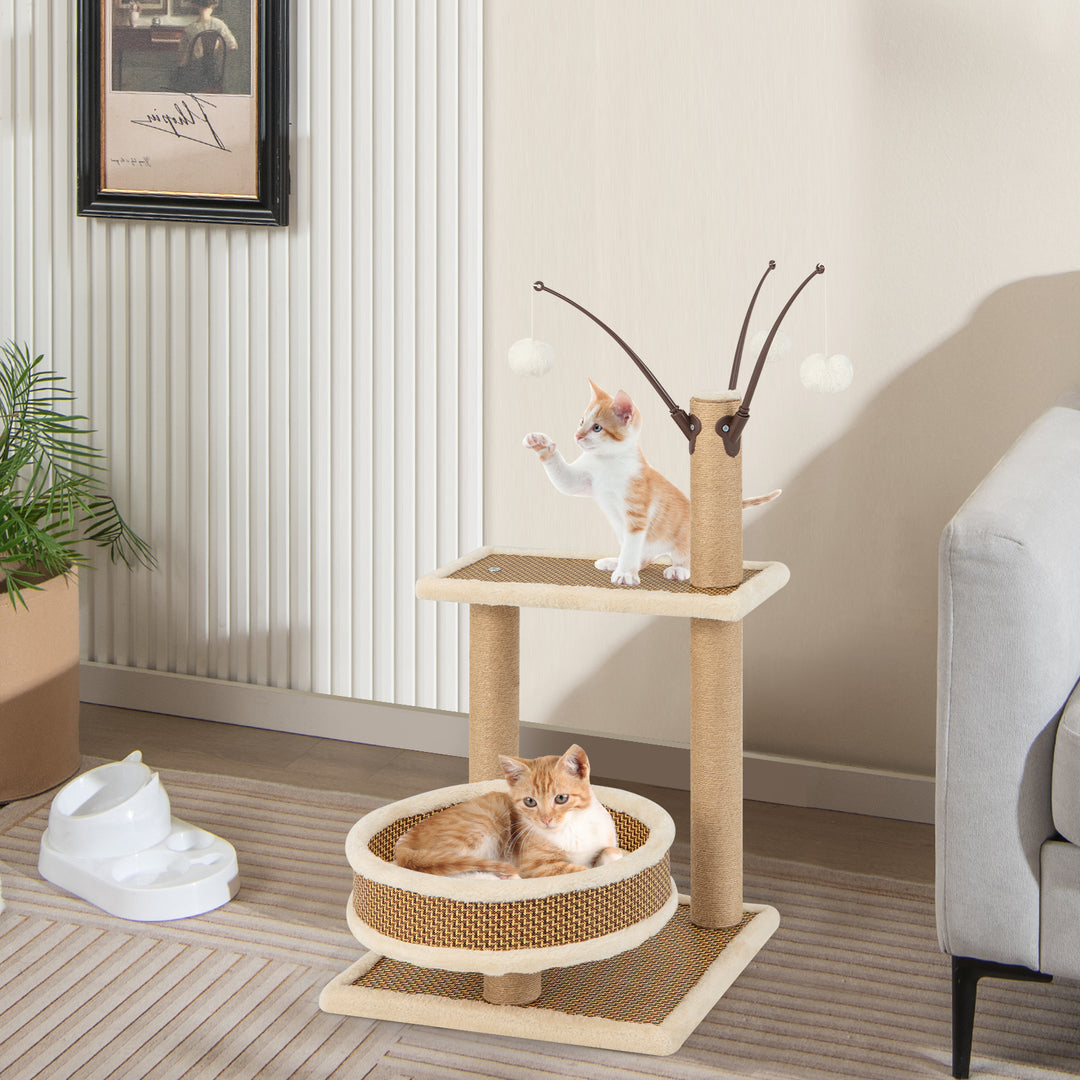 Modern Cat Tower with Rattan Mat and 3 Hanging Ball Toys