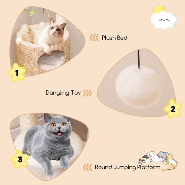 Modern Cat Tower with Top Perch and Removable Cushion-Natural