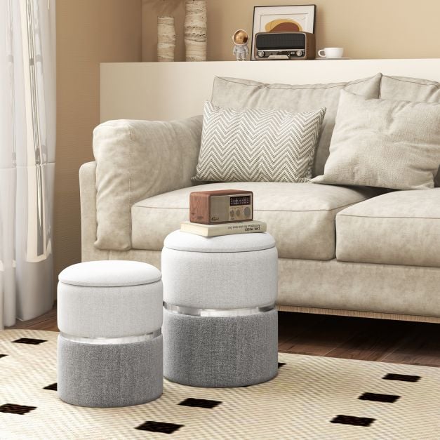 Modern Round Linen Fabric Storage Ottoman Set of 2