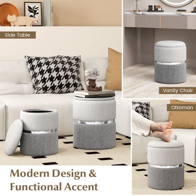 Modern Round Linen Fabric Storage Ottoman Set of 2