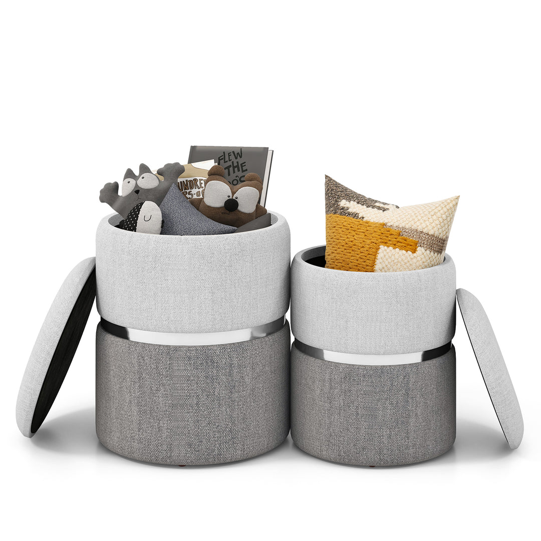 Modern Round Linen Fabric Storage Ottoman Set of 2 - TidySpaces