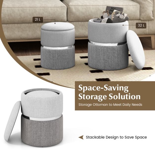 Modern Round Linen Fabric Storage Ottoman Set of 2